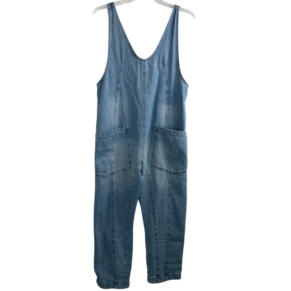 Free People High Roller Denim Overalls Medium Blue Boho Slouchy Harem Jumpsuit - Picture 4 of 12